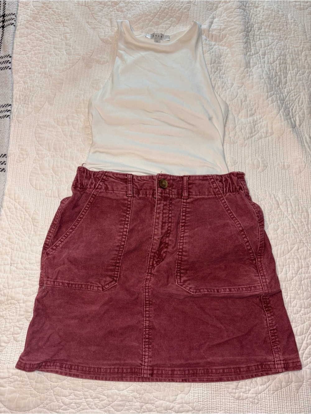 Women’s Wine Red Corduroy Mini Skirt With White Bodysuit